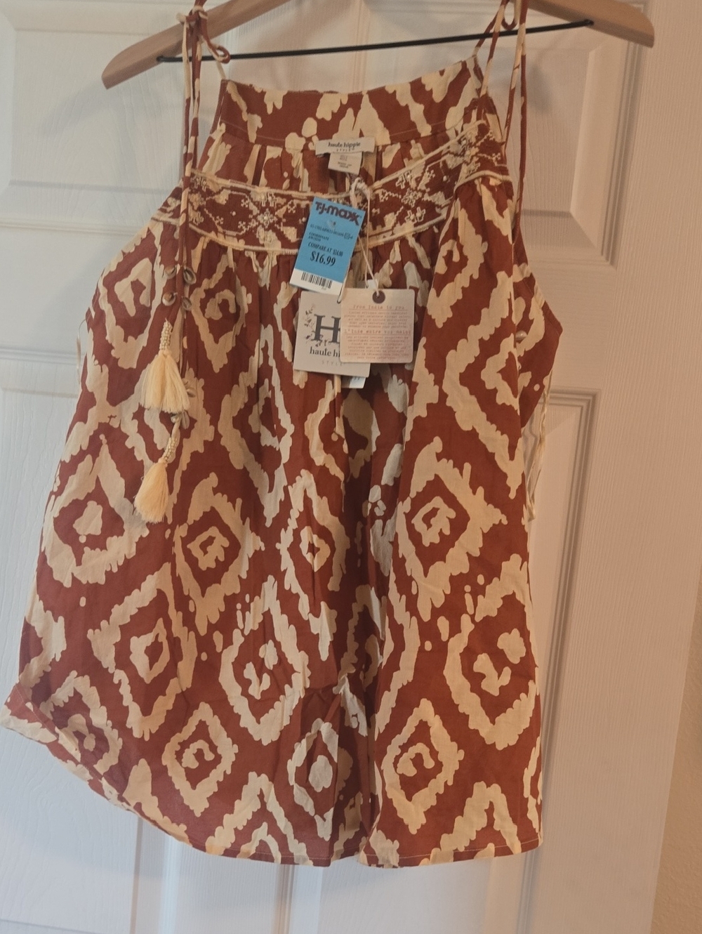 Haute Hippie Rust and Cream Ikat Tie-Shoulder Tank